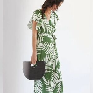 For Anthropologie by Hitch, Green Botanical Maxi Wrap Dress, Medium Petite